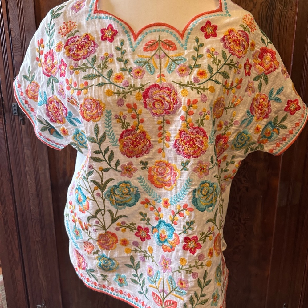 Savanna Jane White Tunic with Pink, Coral, Teal & Green Floral Embroidery